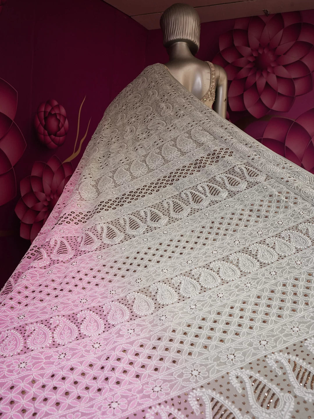 Ada Hand Embroidered Ombre Shade Of Pink And Grey Georgette Lucknowi Chikankari Saree/Blouse With Mukaish Work 01A149474
