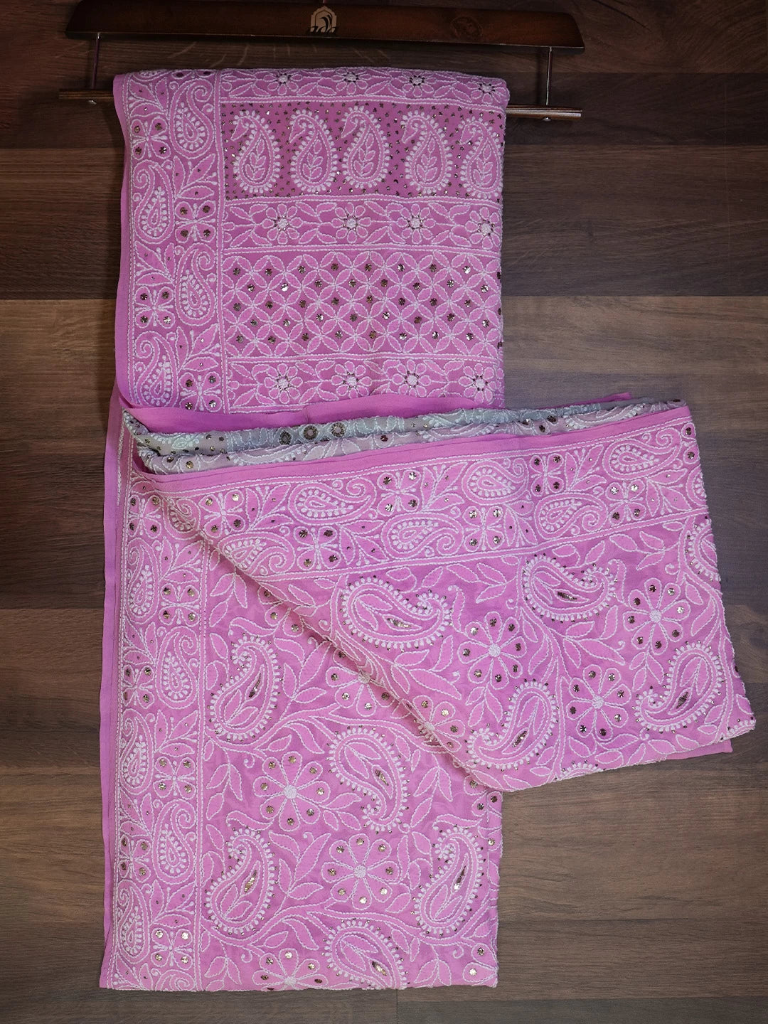 Ada Hand Embroidered Ombre Shade Of Pink And Grey Georgette Lucknowi Chikankari Saree/Blouse With Mukaish Work 01A149474