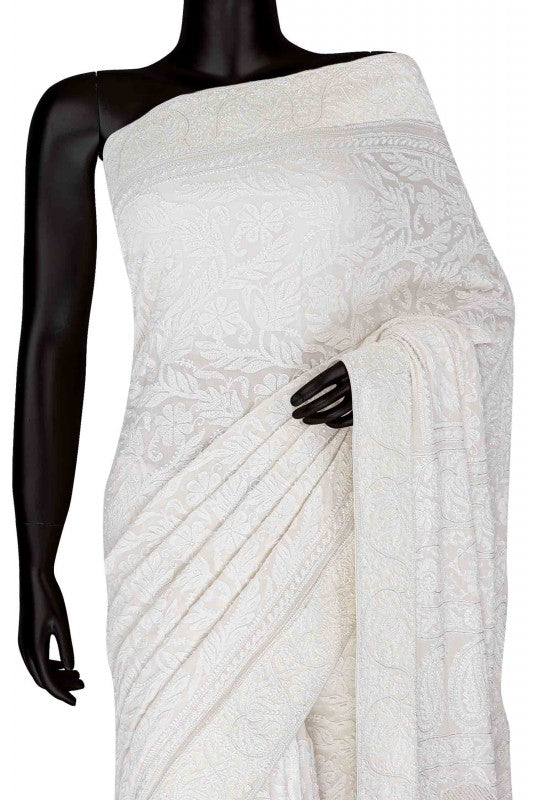 Ada Hand Embroidered White Pure Georgette Lucknow Chikan Saree With Blouse- A594302