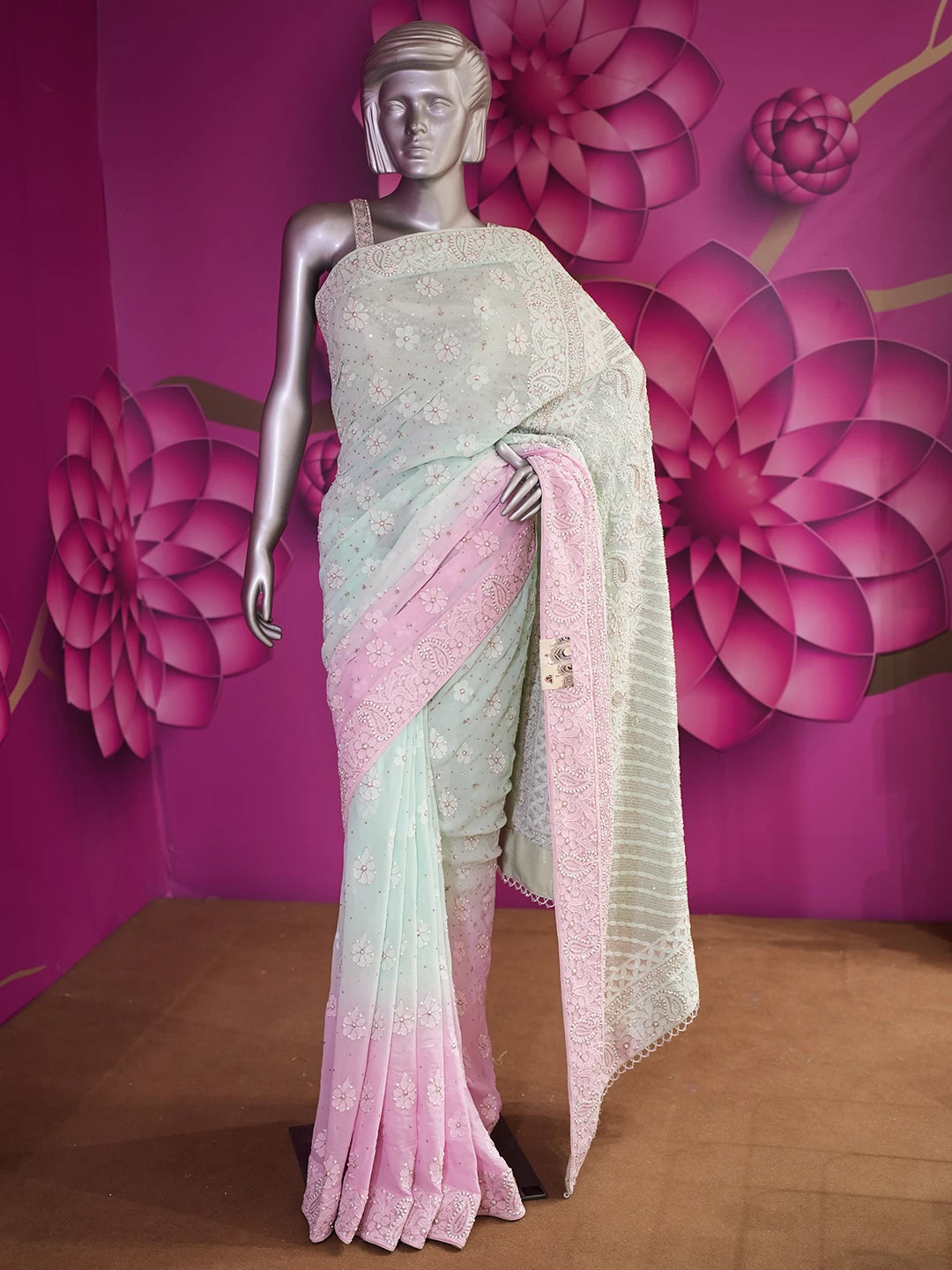 Ada Hand Embroidered Sea Green And Pink Ombre Shade Georgette Lucknowi Chikankari Saree/Blouse With Cutdana  Work 01A411300