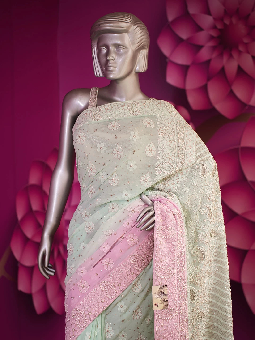 Ada Hand Embroidered Sea Green And Pink Ombre Shade Georgette Lucknowi Chikankari Saree/Blouse With Cutdana  Work 01A411300