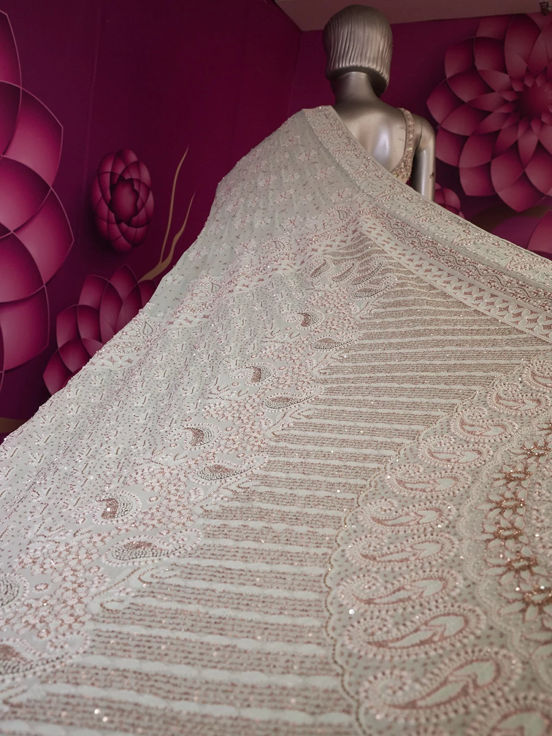 Ada Hand Embroidered Sea Green And Pink Ombre Shade Georgette Lucknowi Chikankari Saree/Blouse With Cutdana  Work 01A411300