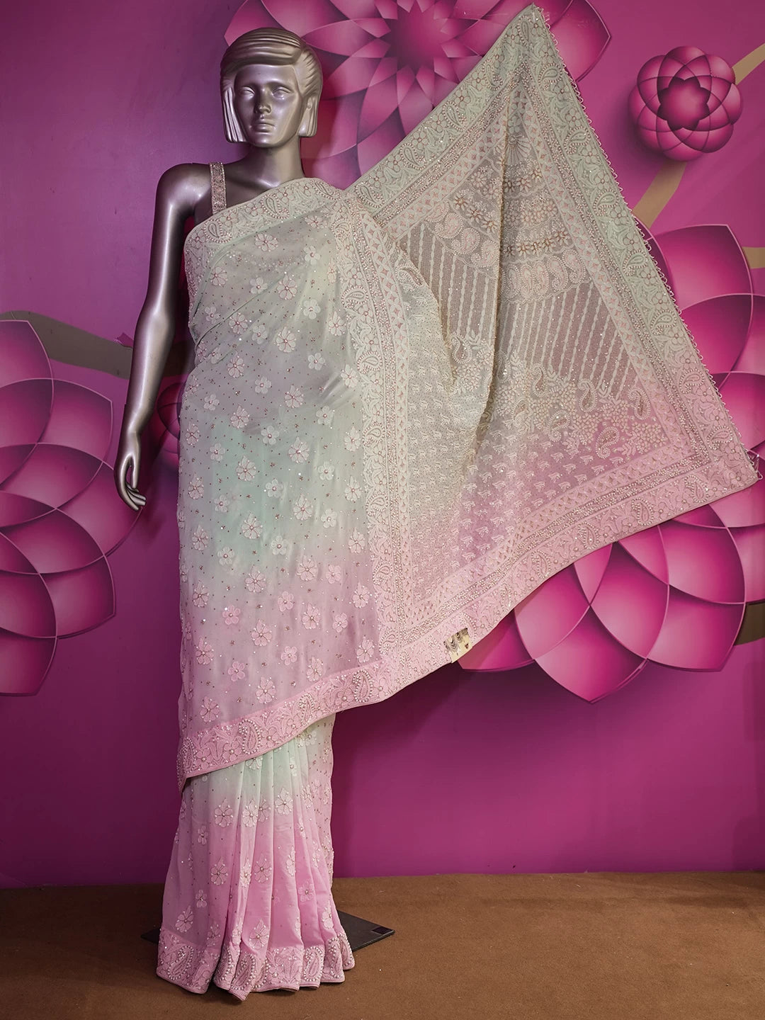 Ada Hand Embroidered Sea Green And Pink Ombre Shade Georgette Lucknowi Chikankari Saree/Blouse With Cutdana  Work 01A411300