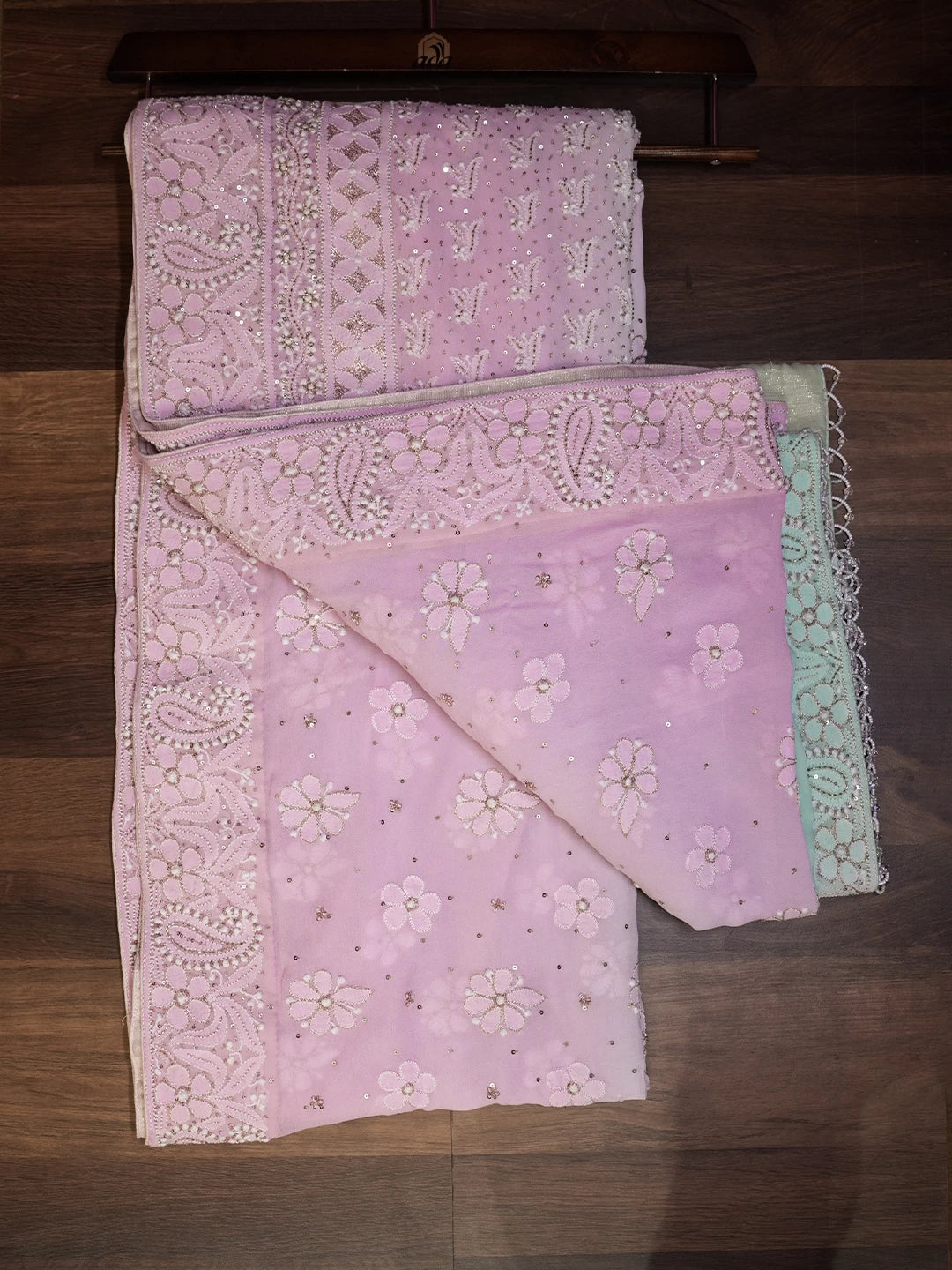 Ada Hand Embroidered Sea Green And Pink Ombre Shade Georgette Lucknowi Chikankari Saree/Blouse With Cutdana  Work 01A411300