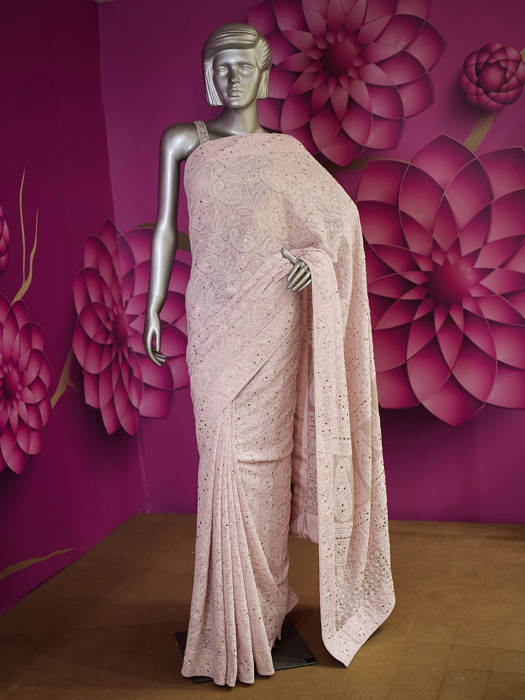 Ada Hand Embroidered Light Pink Pure Georgette Lucknowi Chikankari Saree/Blouse With Muqaish Work 01A47071