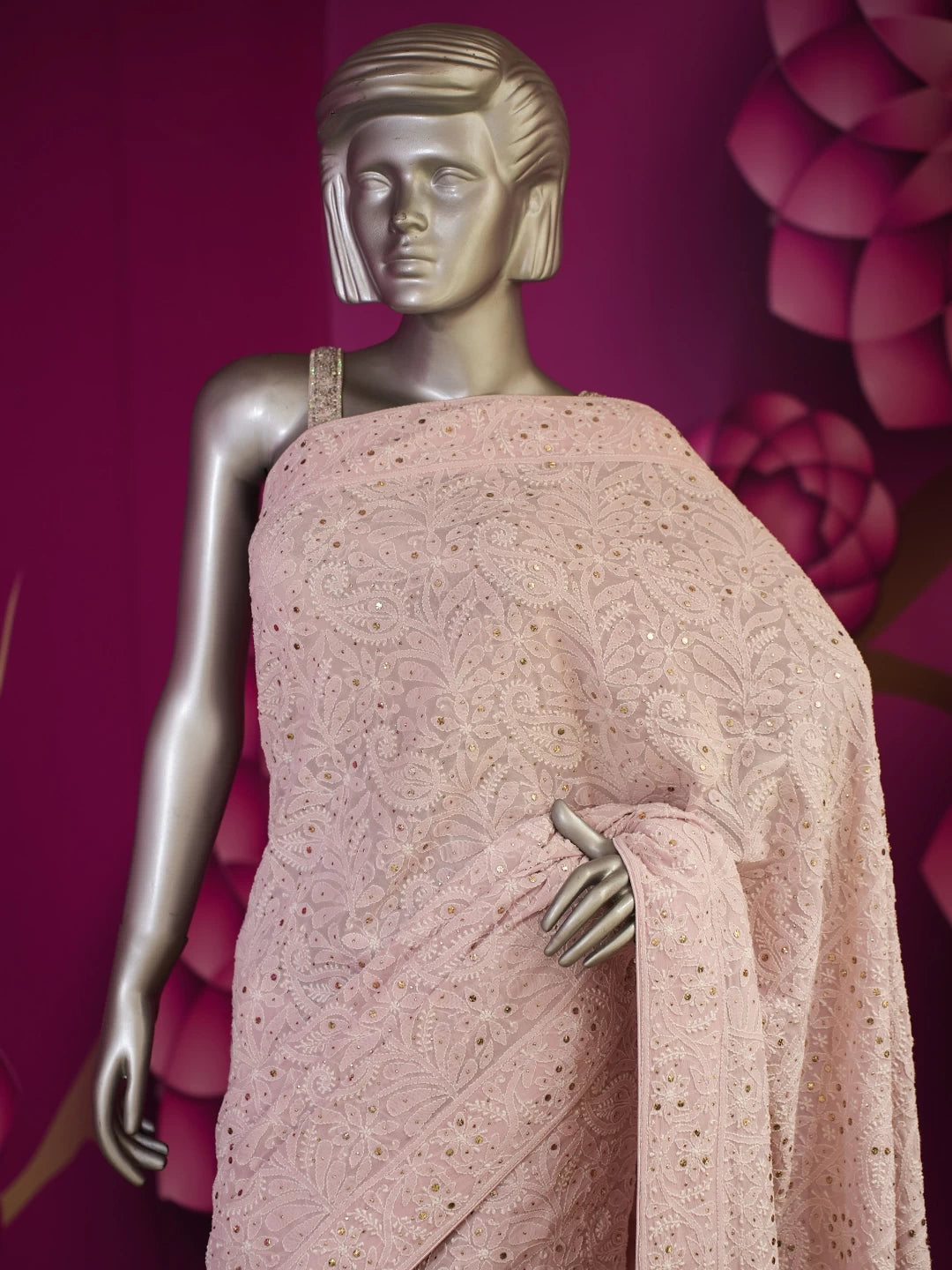 Ada Hand Embroidered Light Pink Pure Georgette Lucknowi Chikankari Saree/Blouse With Muqaish Work 01A47071