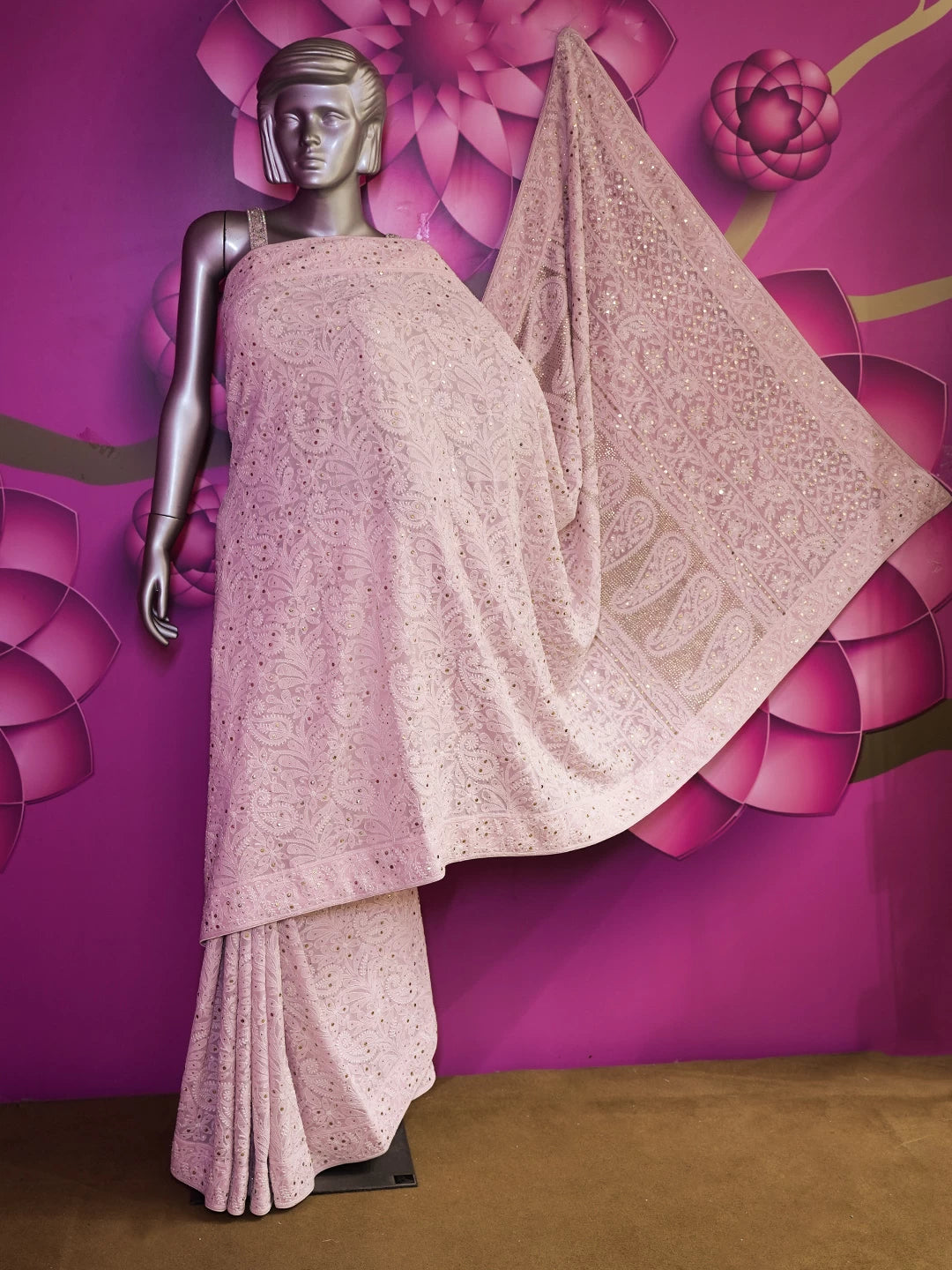 Ada Hand Embroidered Light Pink Pure Georgette Lucknowi Chikankari Saree/Blouse With Muqaish Work 01A47071