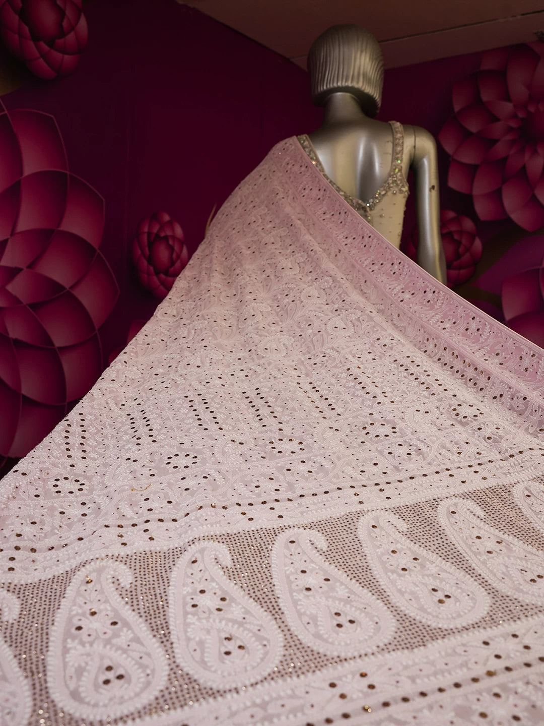 Ada Hand Embroidered Light Pink Pure Georgette Lucknowi Chikankari Saree/Blouse With Muqaish Work 01A47071