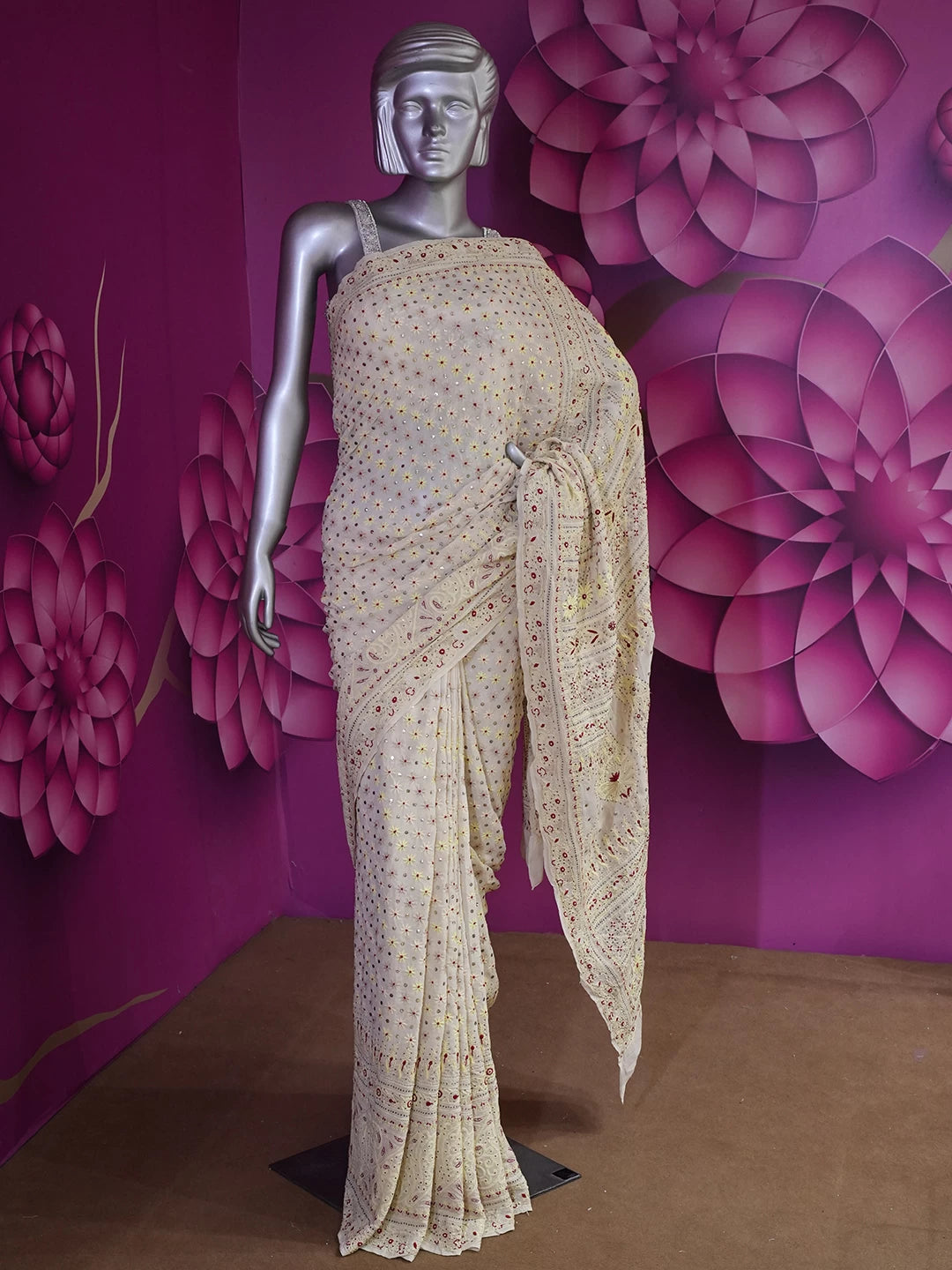 Ada Hand Embroidered Beige Pure Georgette Lucknowi Chikankari Saree/Blouse With Muqaish Work 01A412512