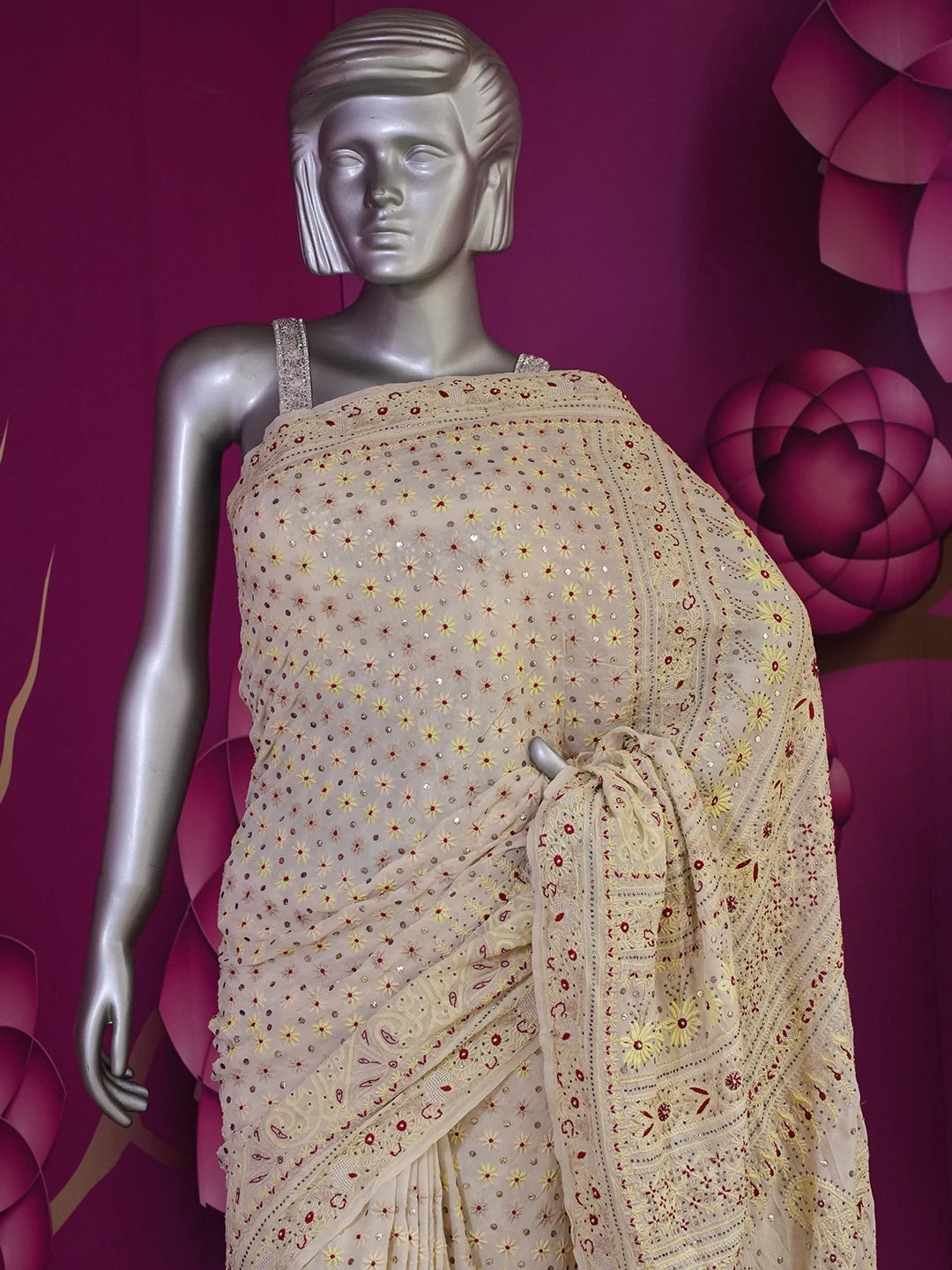 Ada Hand Embroidered Beige Pure Georgette Lucknowi Chikankari Saree/Blouse With Muqaish Work 01A412512