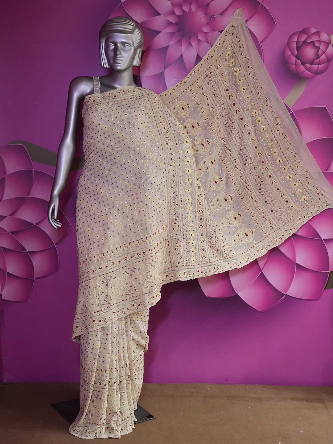Ada Hand Embroidered Beige Pure Georgette Lucknowi Chikankari Saree/Blouse With Muqaish Work 01A412512