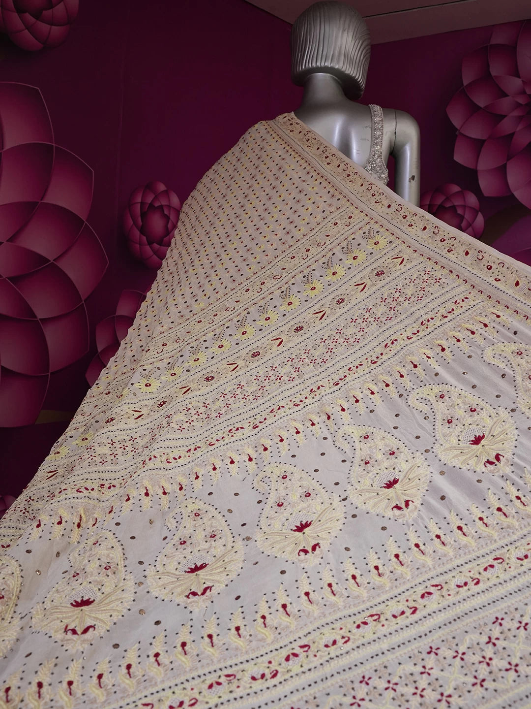 Ada Hand Embroidered Beige Pure Georgette Lucknowi Chikankari Saree/Blouse With Muqaish Work 01A412512