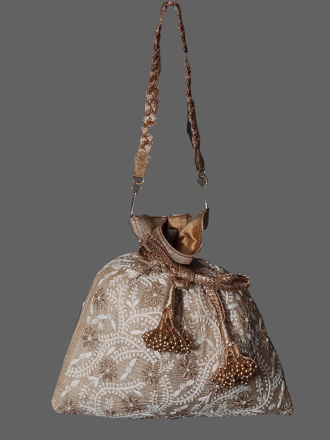 Ada Hand Embroidered Natural Fawn Silk Lucknowi Chikankari Potli Bag With Zari Work 01A447212
