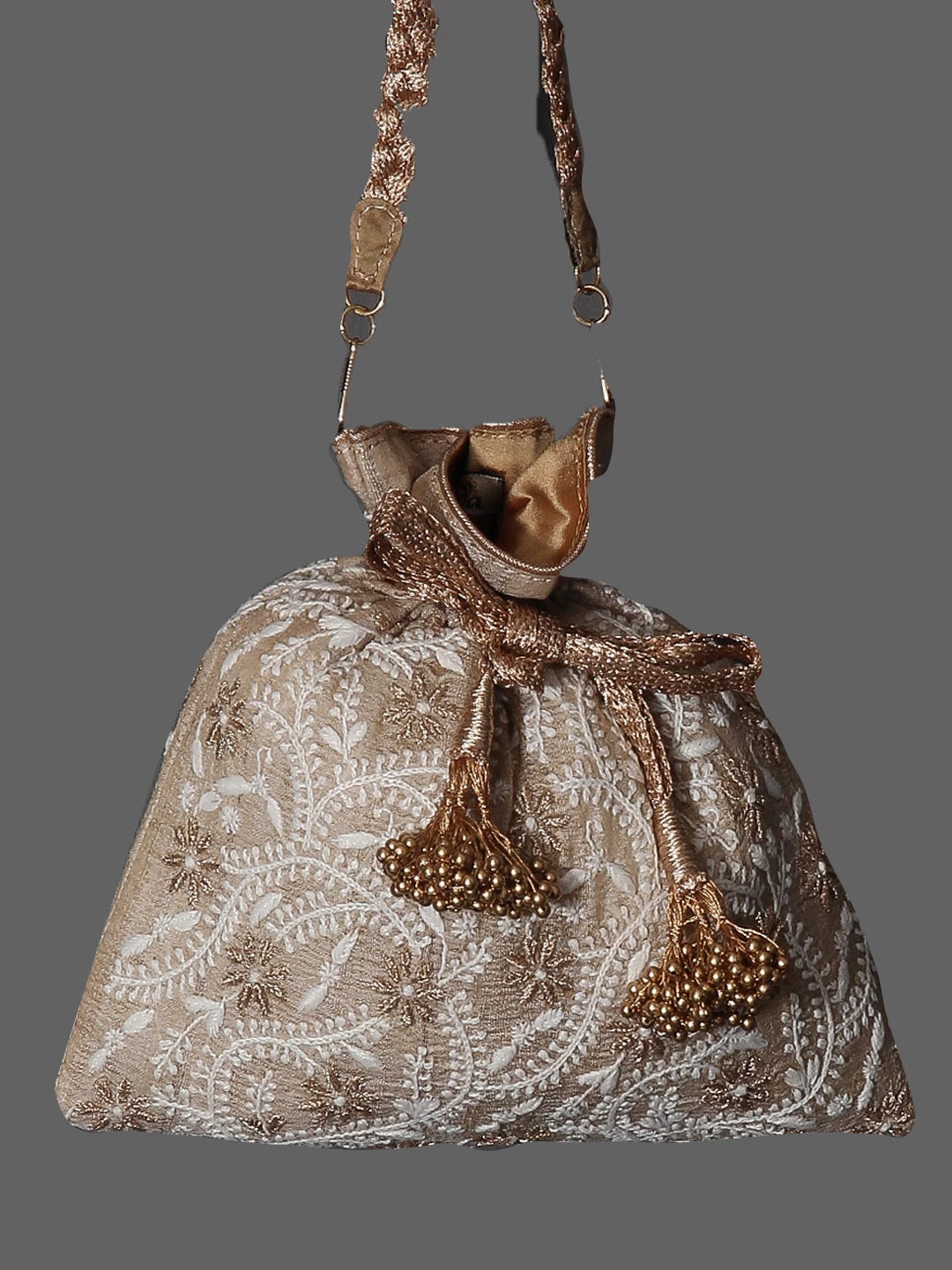 Ada Hand Embroidered Natural Fawn Silk Lucknowi Chikankari Potli Bag With Zari Work 01A447212