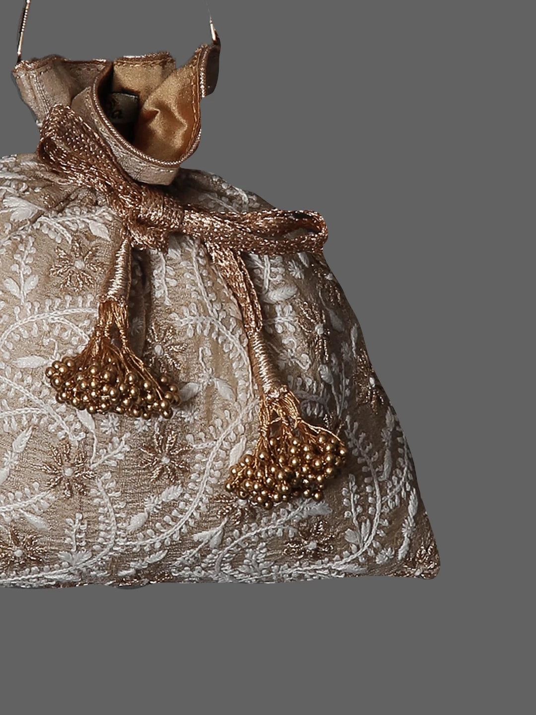 Ada Hand Embroidered Natural Fawn Silk Lucknowi Chikankari Potli Bag With Zari Work 01A447212