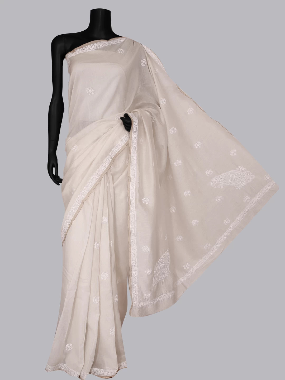 Ada Hand Embroidered Ivory White Chanderi Lucknowi Chikankari Saree With Blouse 01A395465