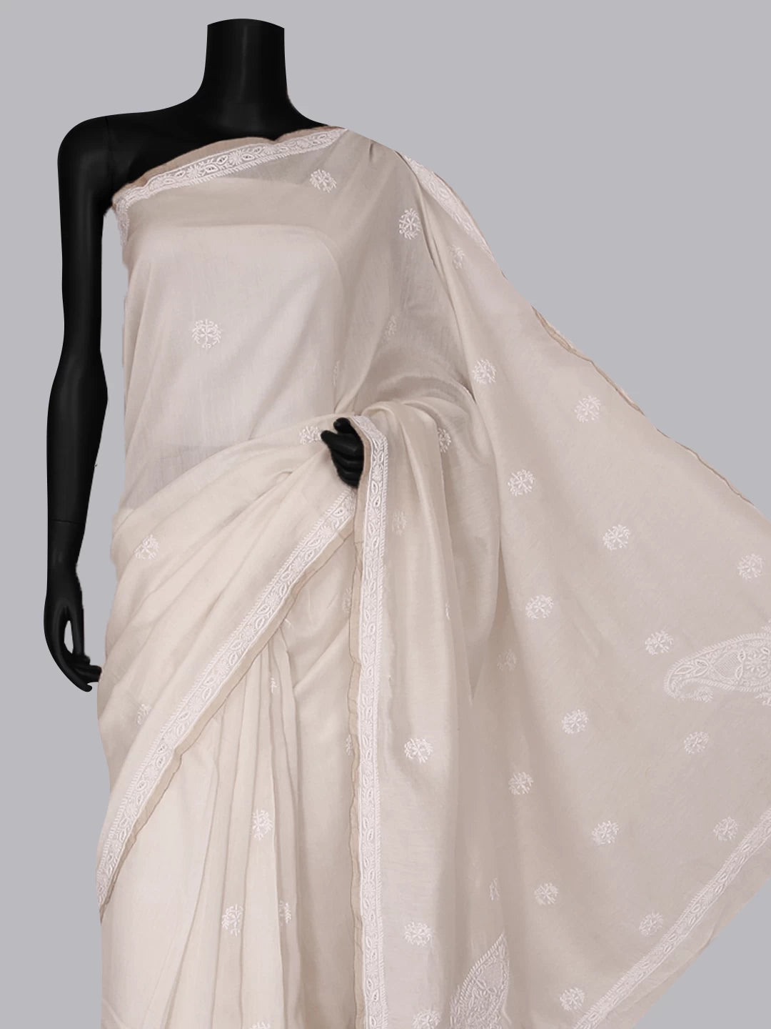 Ada Hand Embroidered Ivory White Chanderi Lucknowi Chikankari Saree With Blouse 01A395465