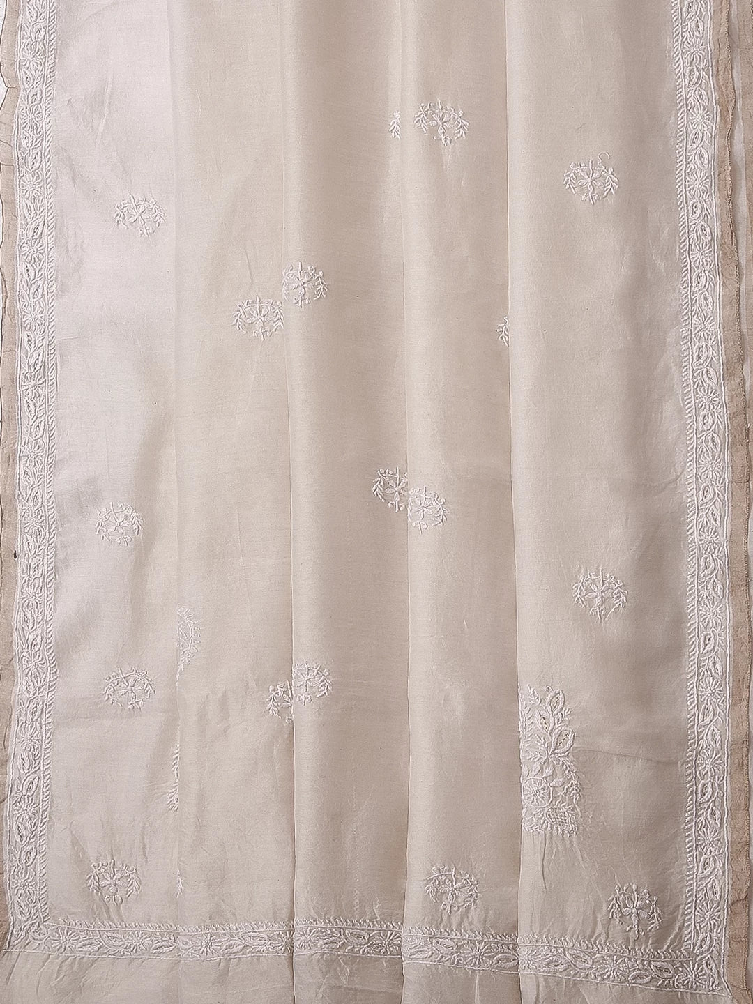 Ada Hand Embroidered Ivory White Chanderi Lucknowi Chikankari Saree With Blouse 01A395465