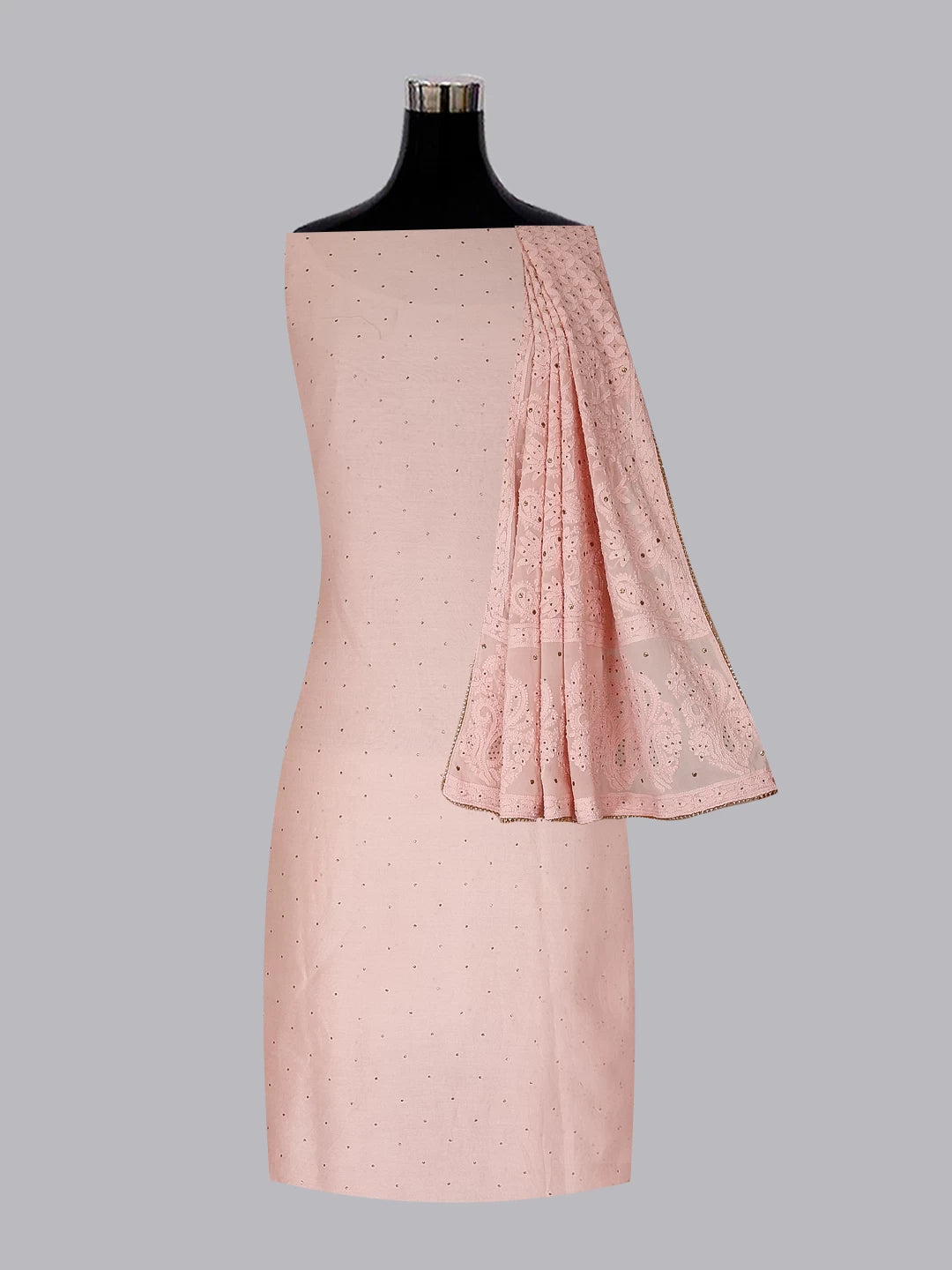 Ada Hand Embroidered Peach Chanderi Lucknowi Chikankari Unstitched Kurta Dupatta Set With Muqaish Work 01A118635