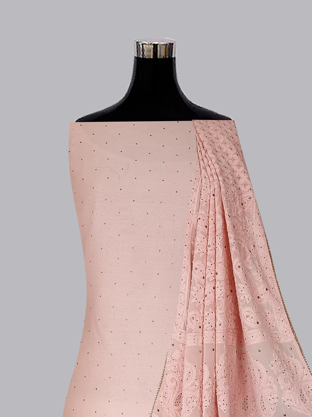 Ada Hand Embroidered Peach Chanderi Lucknowi Chikankari Unstitched Kurta Dupatta Set With Muqaish Work 01A118635