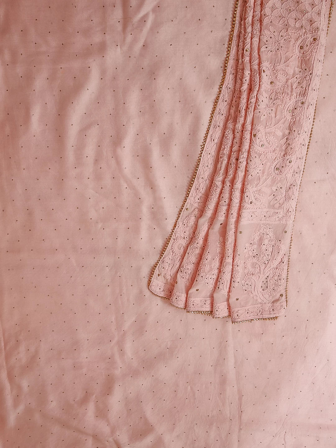 Ada Hand Embroidered Peach Chanderi Lucknowi Chikankari Unstitched Kurta Dupatta Set With Muqaish Work 01A118635