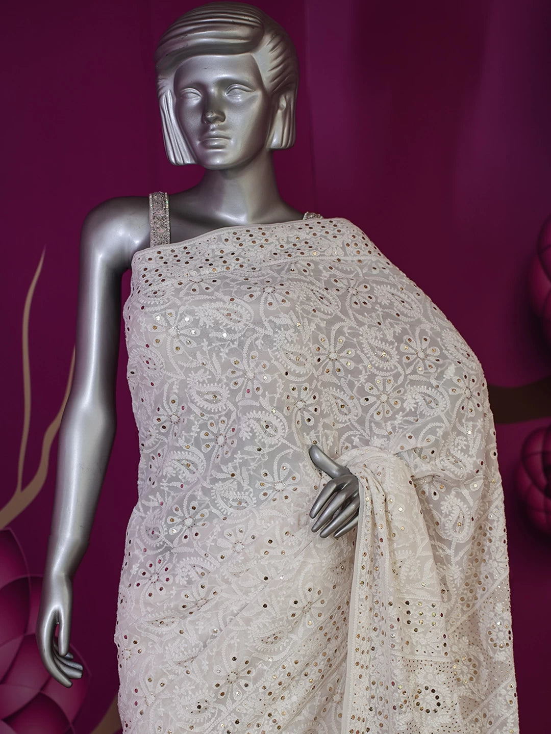 Ada Hand Embroidered Off White Pure Georgette Lucknowi Chikankari Saree/Blouse With Muqaish Work 01A459379