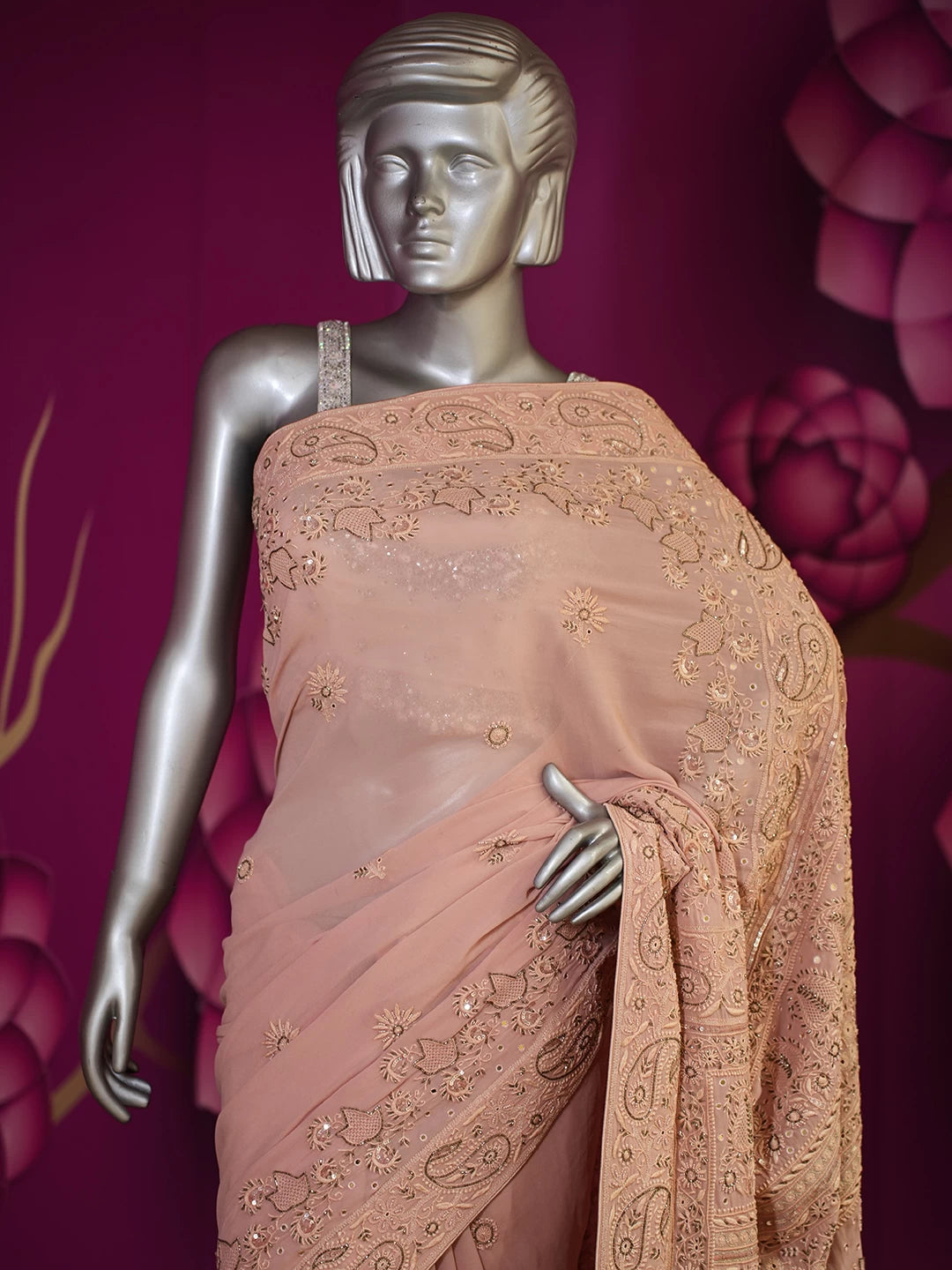 Ada Hand Embroidered Dusty Peach Georgette Lucknow Chikankari Saree/Blouse With Cutdana Work A557079