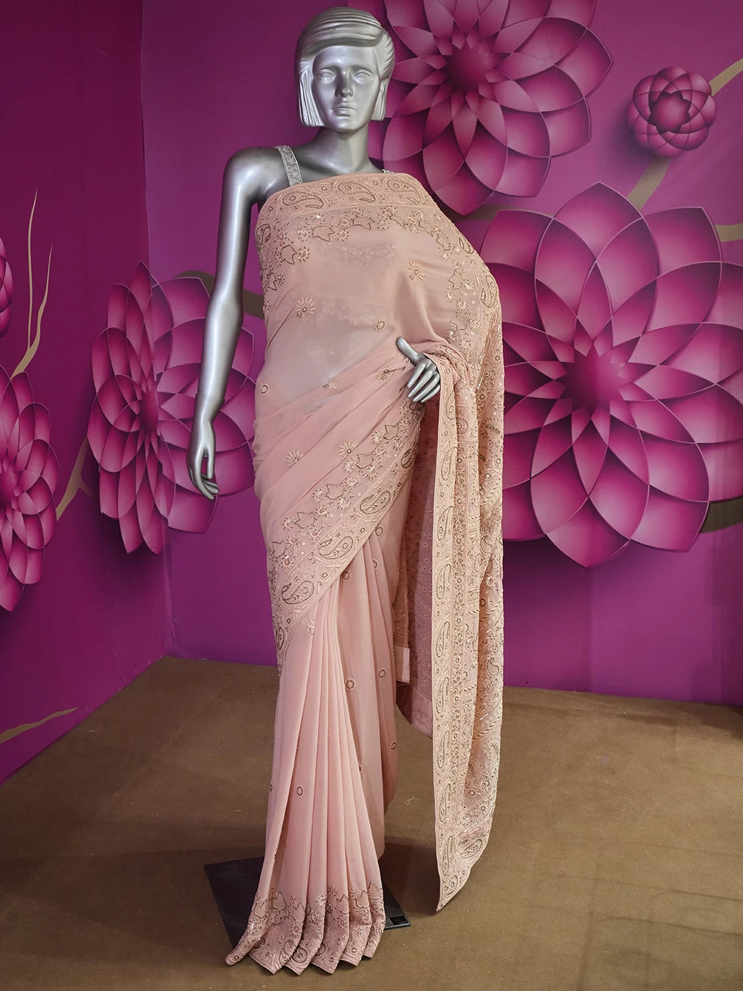 Ada Hand Embroidered Dusty Peach Georgette Lucknow Chikankari Saree/Blouse With Cutdana Work A557079