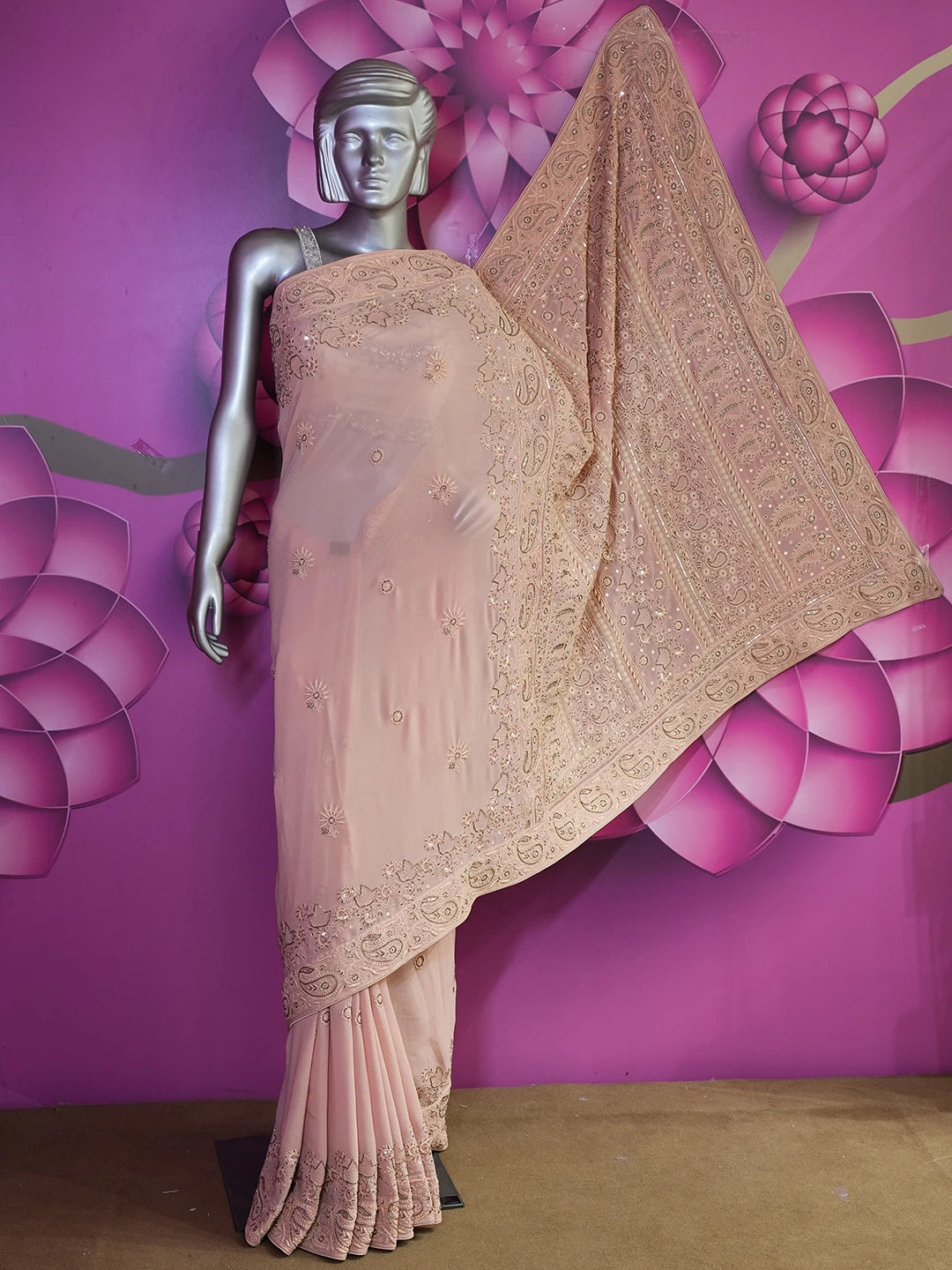 Ada Hand Embroidered Dusty Peach Georgette Lucknow Chikankari Saree/Blouse With Cutdana Work A557079