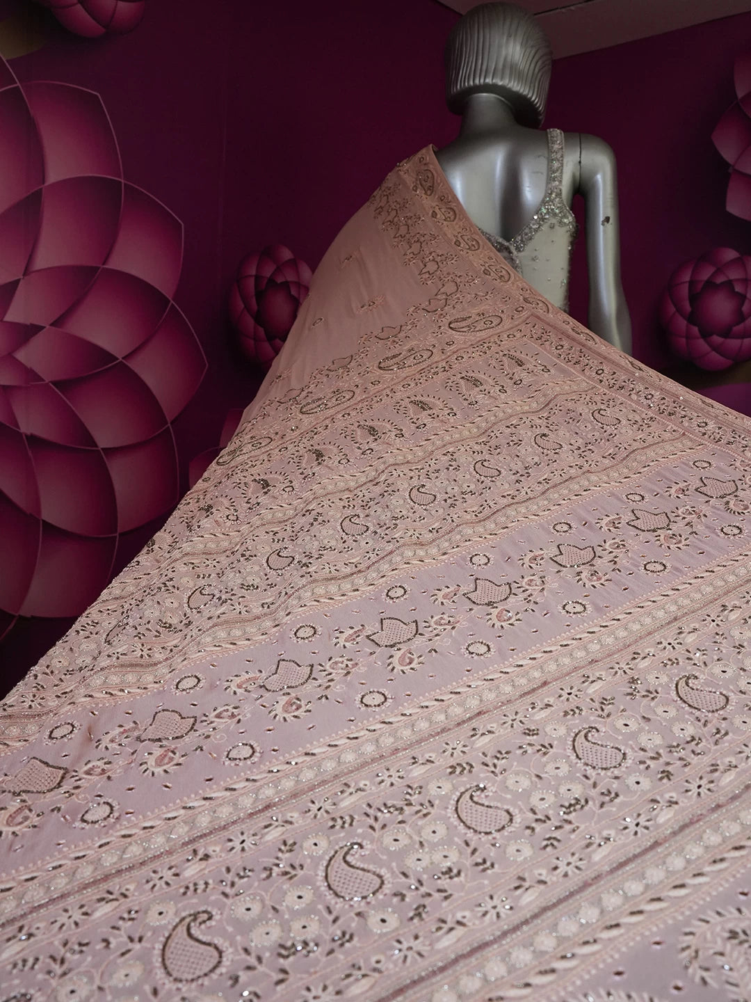 Ada Hand Embroidered Dusty Peach Georgette Lucknow Chikankari Saree/Blouse With Cutdana Work A557079