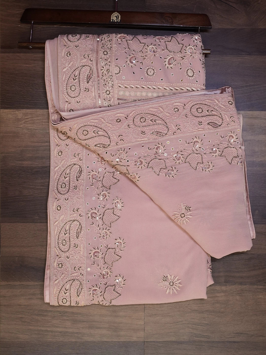 Ada Hand Embroidered Dusty Peach Georgette Lucknow Chikankari Saree/Blouse With Cutdana Work A557079
