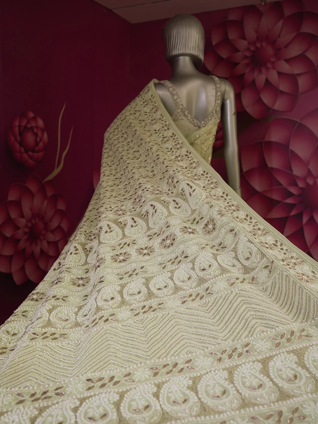 Ada Hand Embroidered Ombre Shade Of Green Georgette Lucknowi Chikankari Saree/Blouse With Pearl Work 01A369078