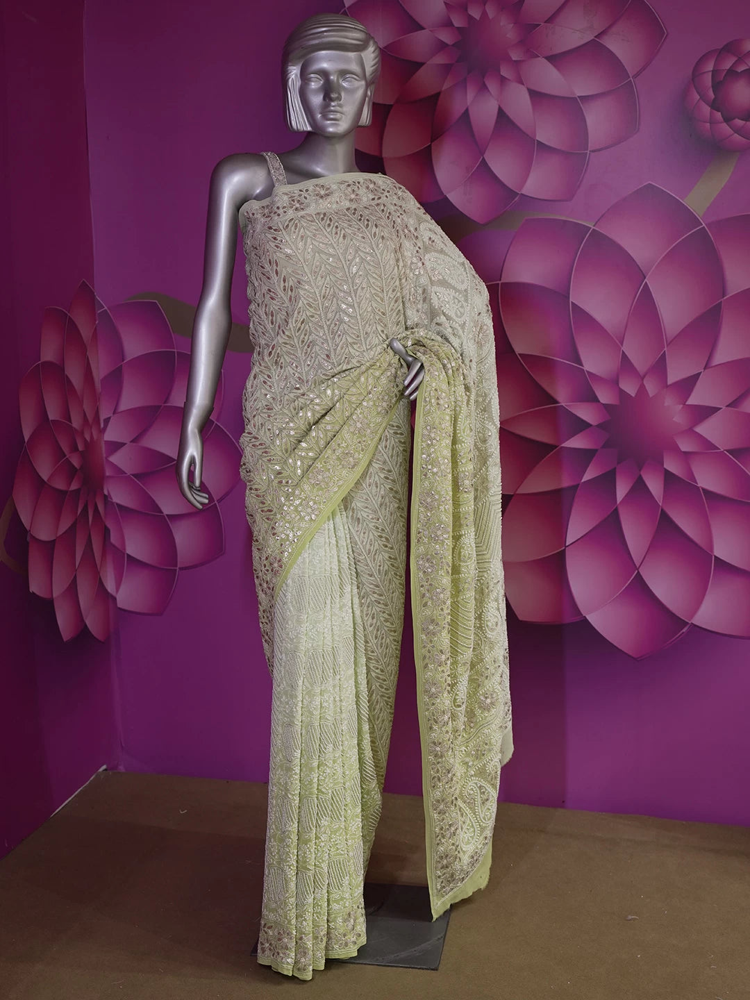 Ada Hand Embroidered Ombre Shade Of Green Georgette Lucknowi Chikankari Saree/Blouse With Pearl Work 01A369078