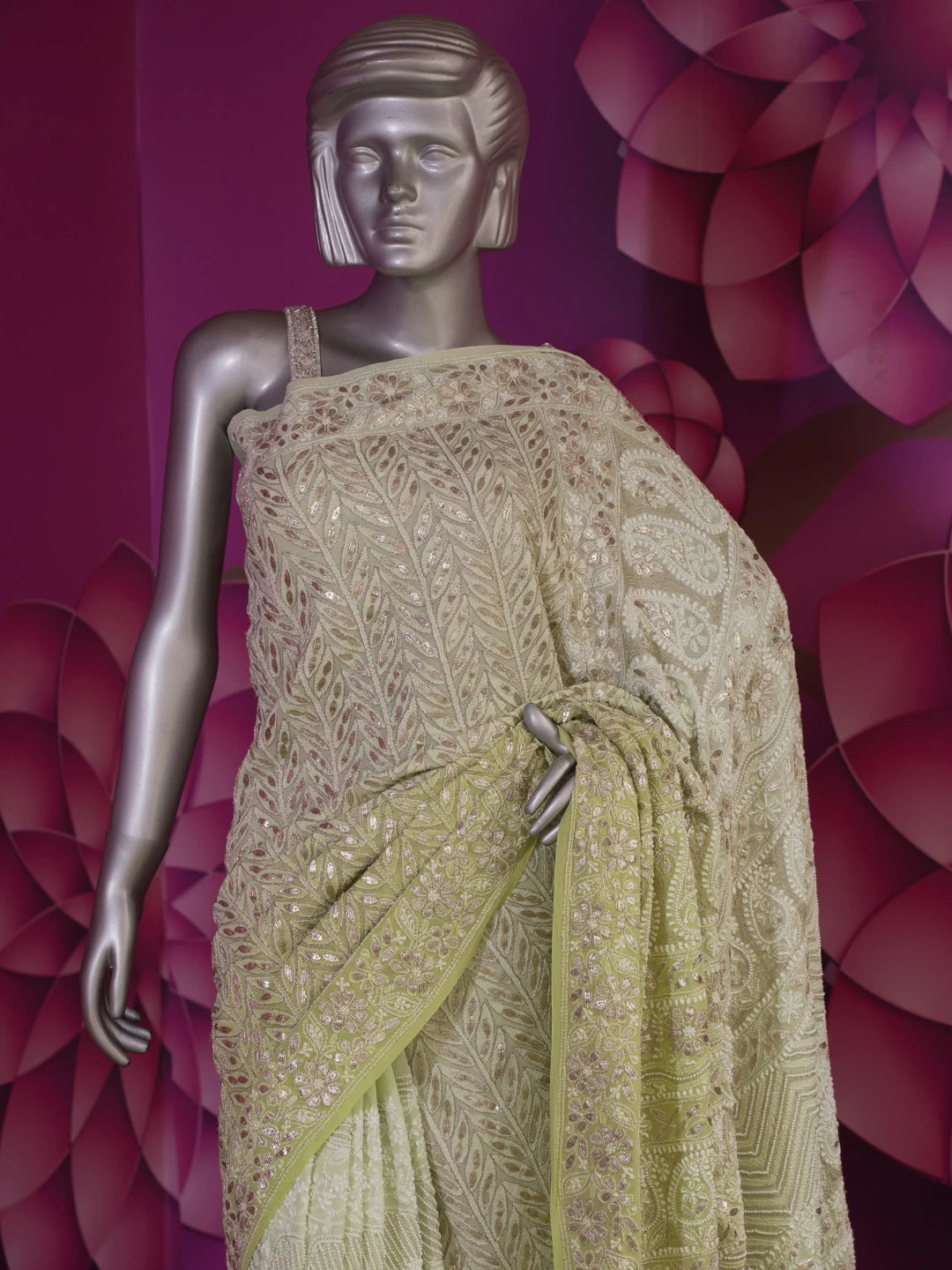 Ada Hand Embroidered Ombre Shade Of Green Georgette Lucknowi Chikankari Saree/Blouse With Pearl Work 01A369078