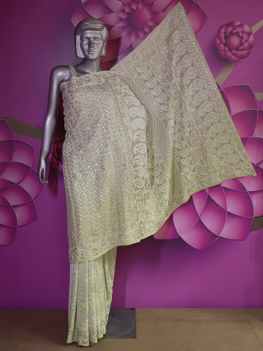 Ada Hand Embroidered Ombre Shade Of Green Georgette Lucknowi Chikankari Saree/Blouse With Pearl Work 01A369078