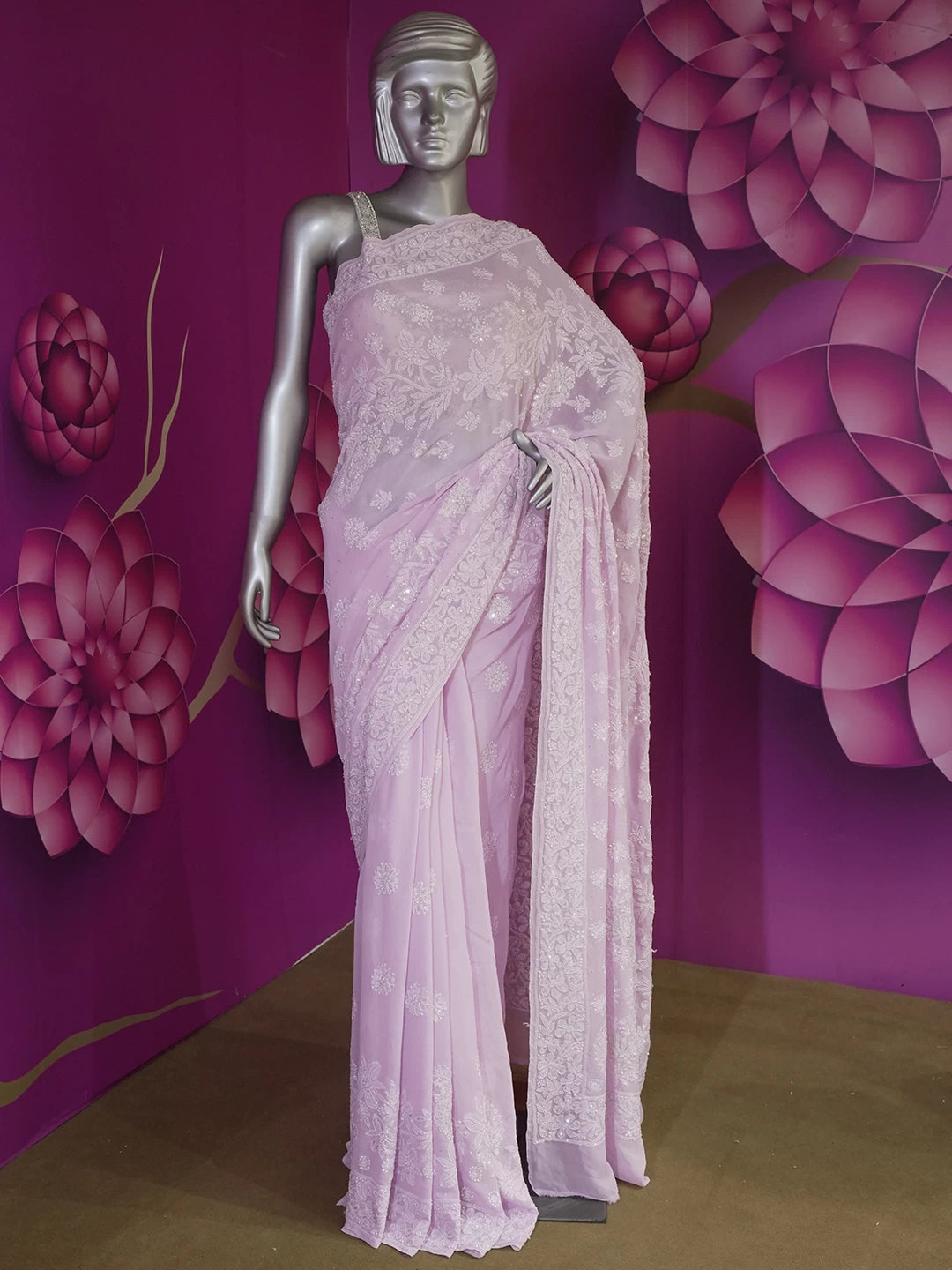 Ada Hand Embroidered Pink Pure Georgette Lucknowi Chikankari Saree/Blouse With Zari Work 01A454244