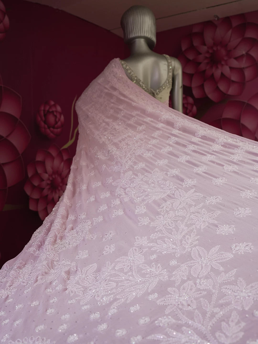 Ada Hand Embroidered Pink Pure Georgette Lucknowi Chikankari Saree/Blouse With Zari Work 01A454244