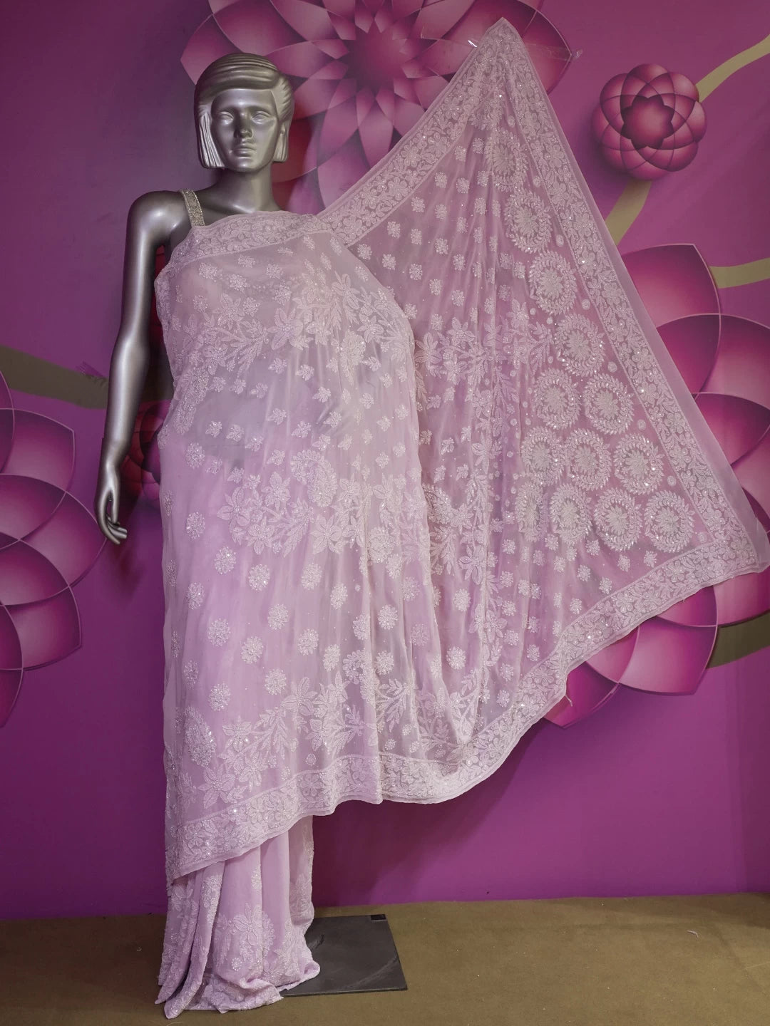 Ada Hand Embroidered Pink Pure Georgette Lucknowi Chikankari Saree/Blouse With Zari Work 01A454244
