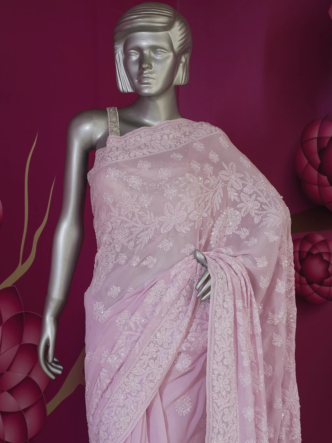 Ada Hand Embroidered Pink Pure Georgette Lucknowi Chikankari Saree/Blouse With Zari Work 01A454244