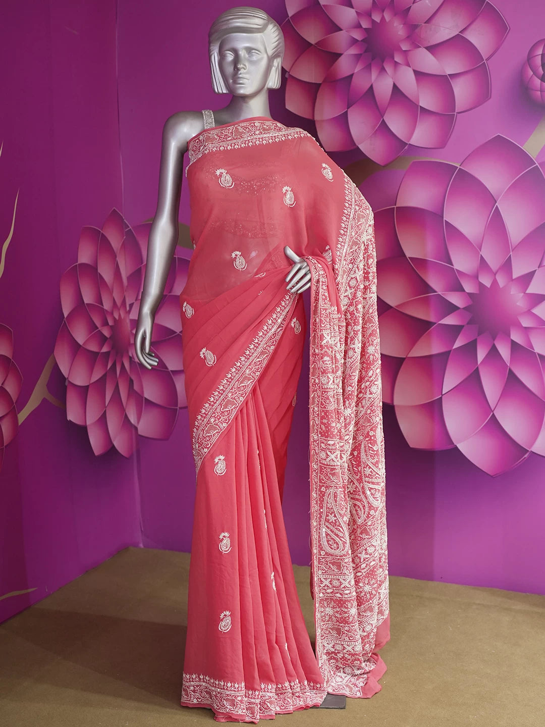 Ada Hand Embroidered Carrot Pink Pure Georgette Lucknowi Chikankari Saree/Blouse With Pearl Work 01A449896