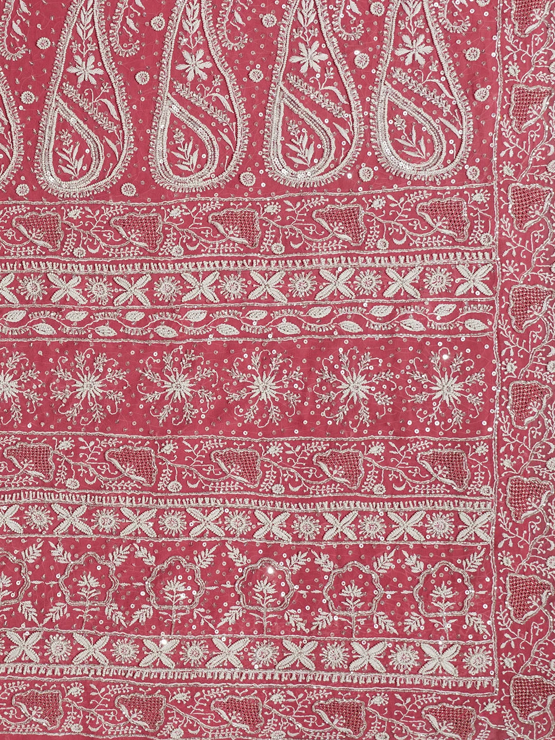 Ada Hand Embroidered Carrot Pink Pure Georgette Lucknowi Chikankari Saree/Blouse With Pearl Work 01A449896