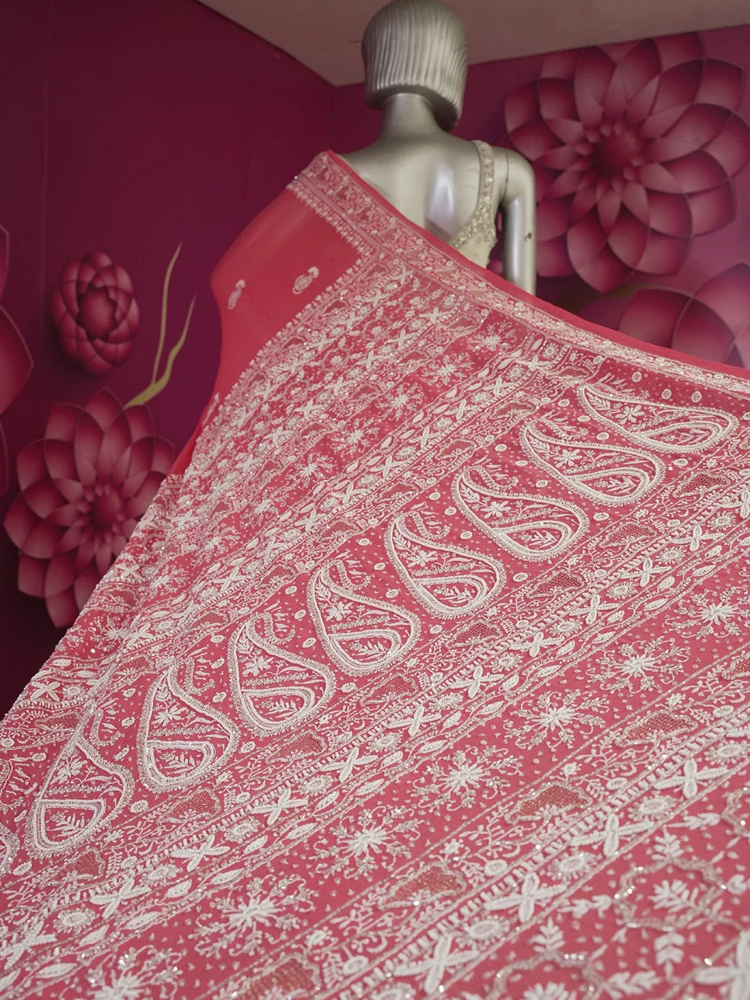 Ada Hand Embroidered Carrot Pink Pure Georgette Lucknowi Chikankari Saree/Blouse With Pearl Work 01A449896