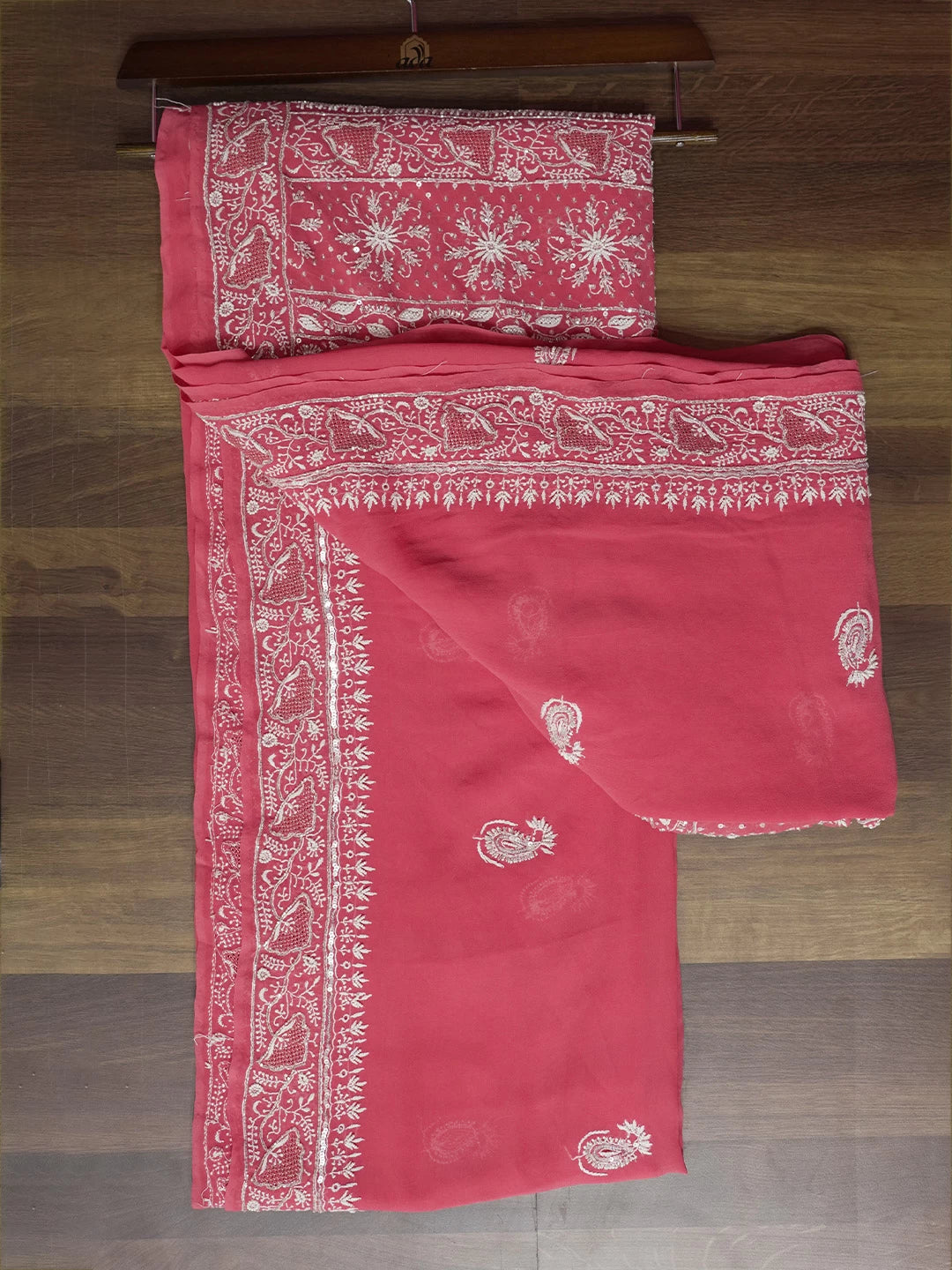 Ada Hand Embroidered Carrot Pink Pure Georgette Lucknowi Chikankari Saree/Blouse With Pearl Work 01A449896