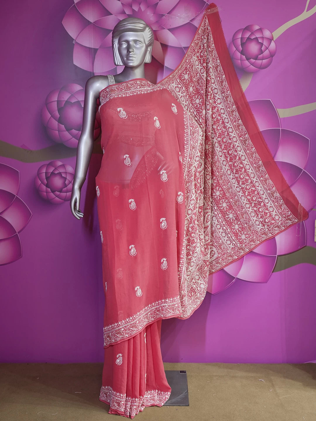 Ada Hand Embroidered Carrot Pink Pure Georgette Lucknowi Chikankari Saree/Blouse With Pearl Work 01A449896