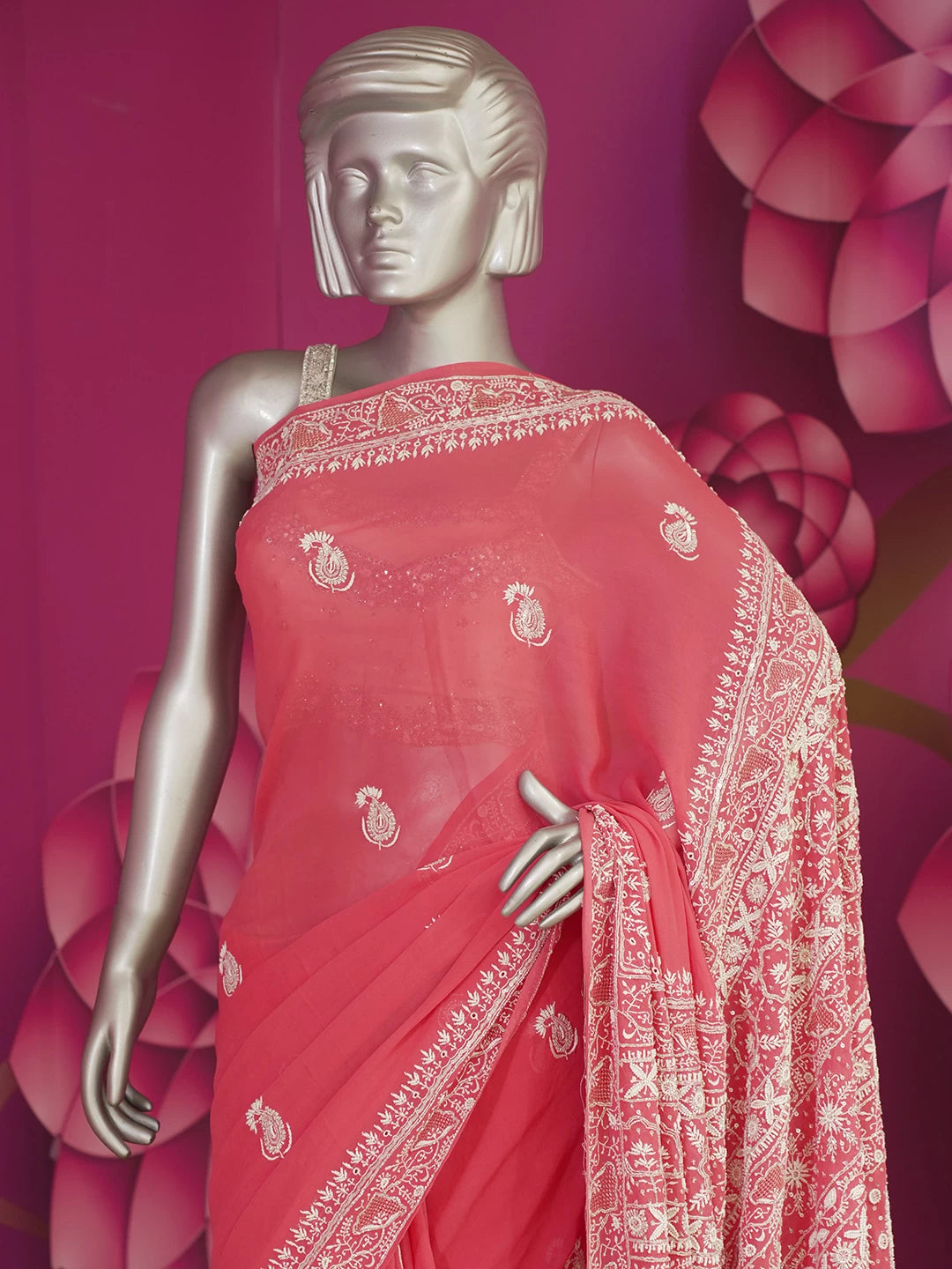 Ada Hand Embroidered Carrot Pink Pure Georgette Lucknowi Chikankari Saree/Blouse With Pearl Work 01A449896