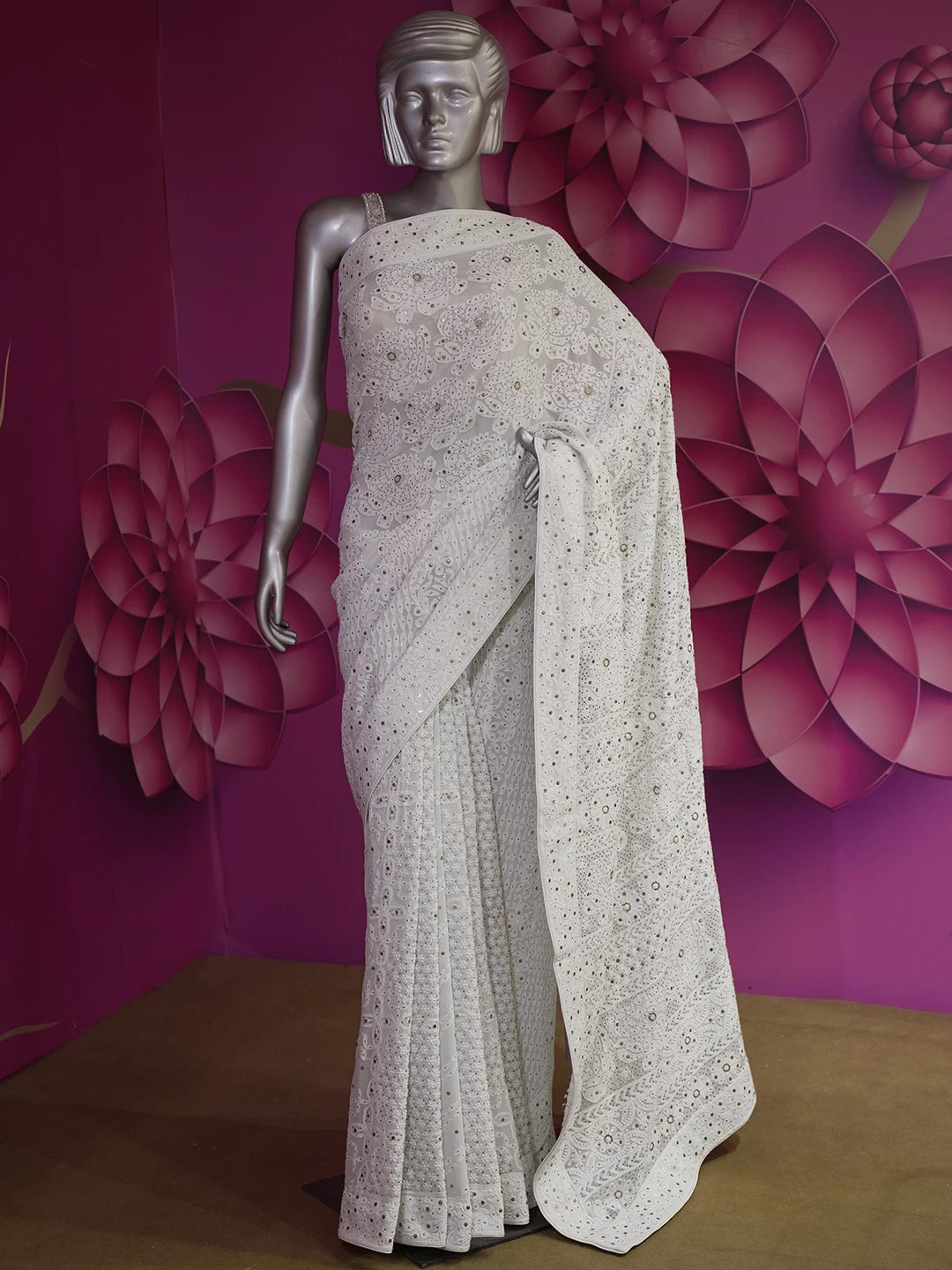 Ada Hand Embroidered Light Mint Green Pure Georgette Lucknowi Chikankari Saree/Blouse With Muqaish Work 01A165822