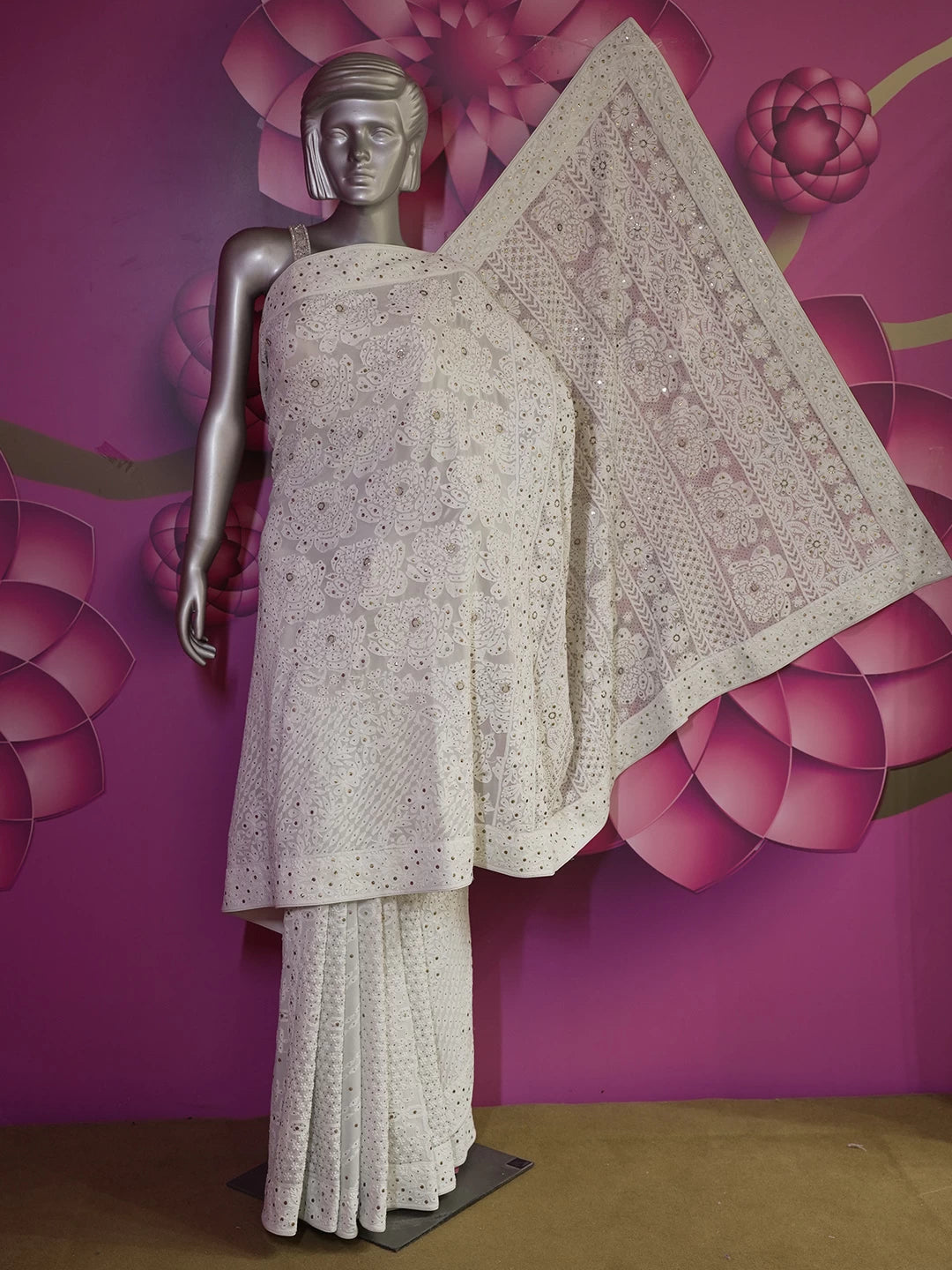 Ada Hand Embroidered Light Mint Green Pure Georgette Lucknowi Chikankari Saree/Blouse With Muqaish Work 01A165822