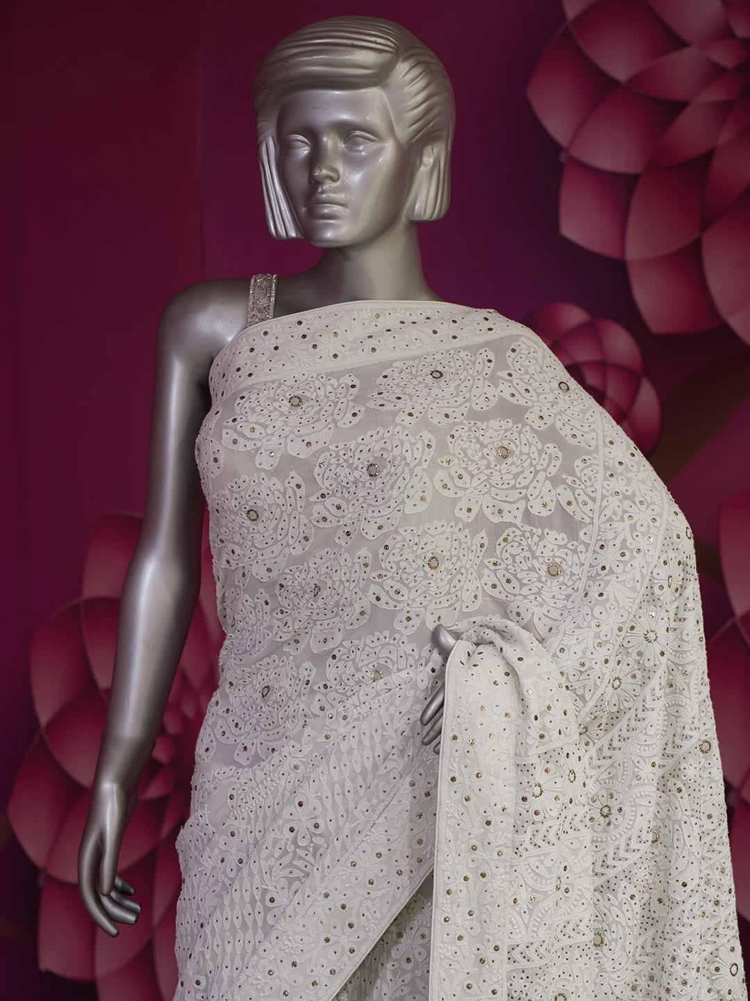 Ada Hand Embroidered Light Mint Green Pure Georgette Lucknowi Chikankari Saree/Blouse With Muqaish Work 01A165822