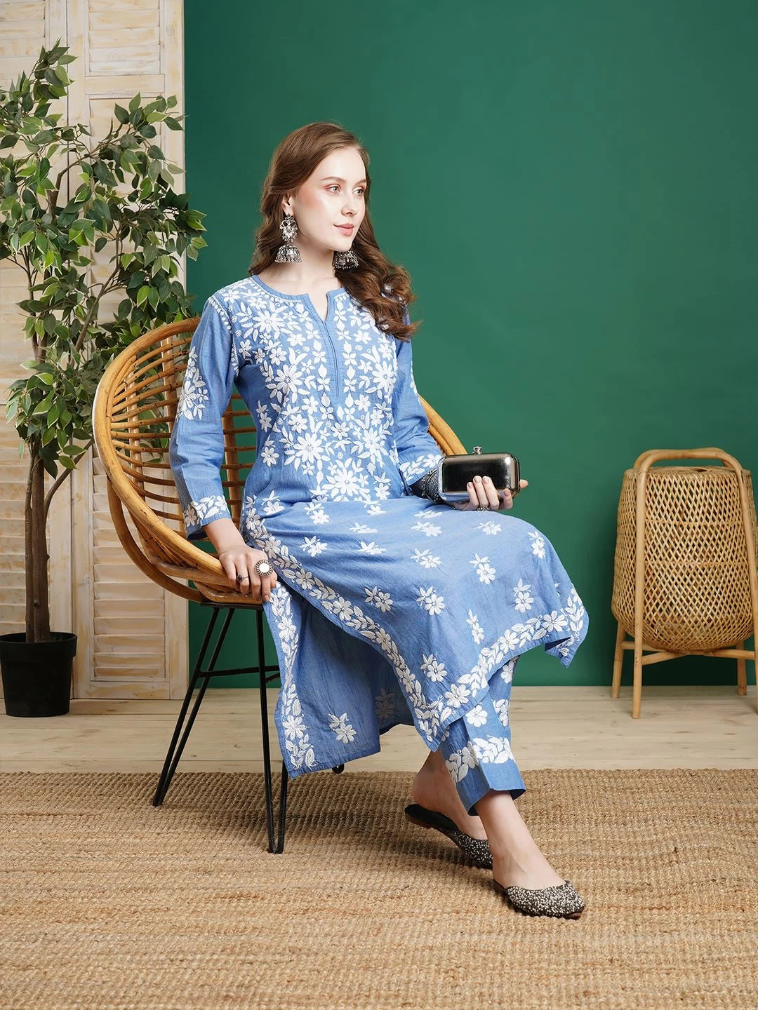 Ada Hand Embroidered Blue Denim Lucknowi Chikankari Co-Ord Set 01A452421