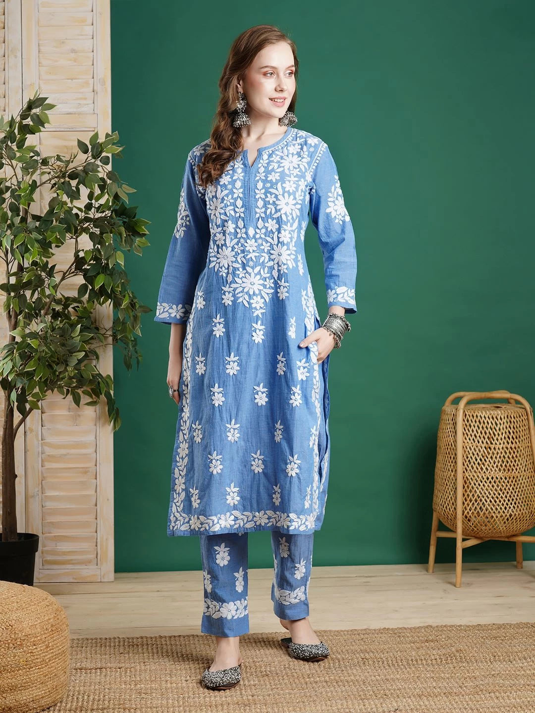 Ada Hand Embroidered Blue Denim Lucknowi Chikankari Co-Ord Set 01A452421